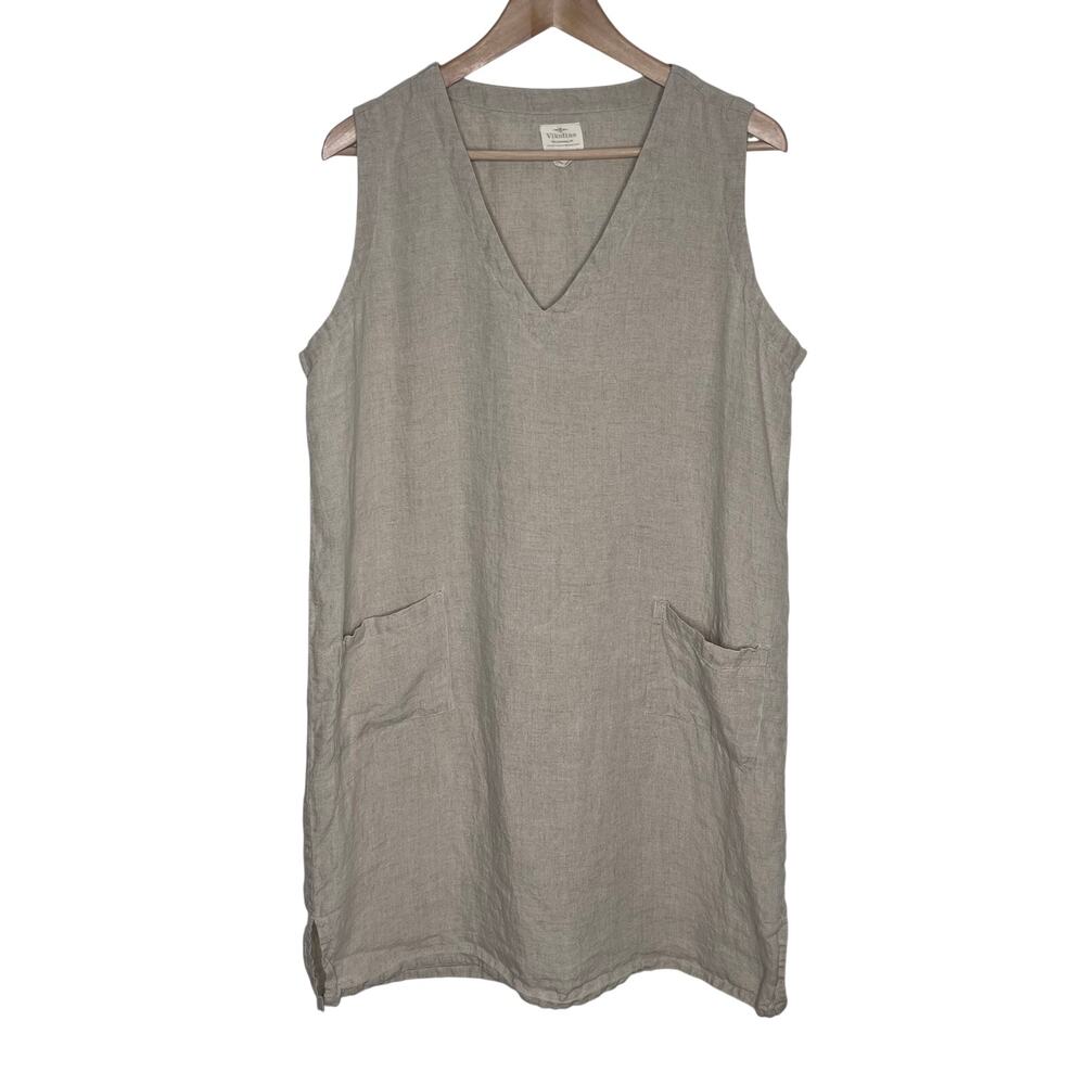 Vikolino 100% Linen Sleeveless Tunic Dress Womens XL Beige Pockets Lagenlook